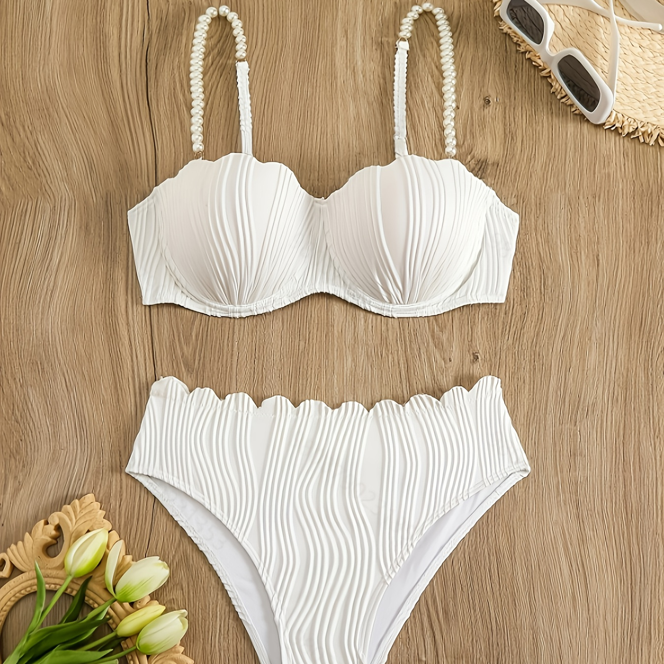 

Elegant Solid Color High Stretch Polyester Bikini Set With Pearl Accents, Knit Fabric Swimwear With Sleeveless Top And Bottoms, 95% Polyester 5% Elastane