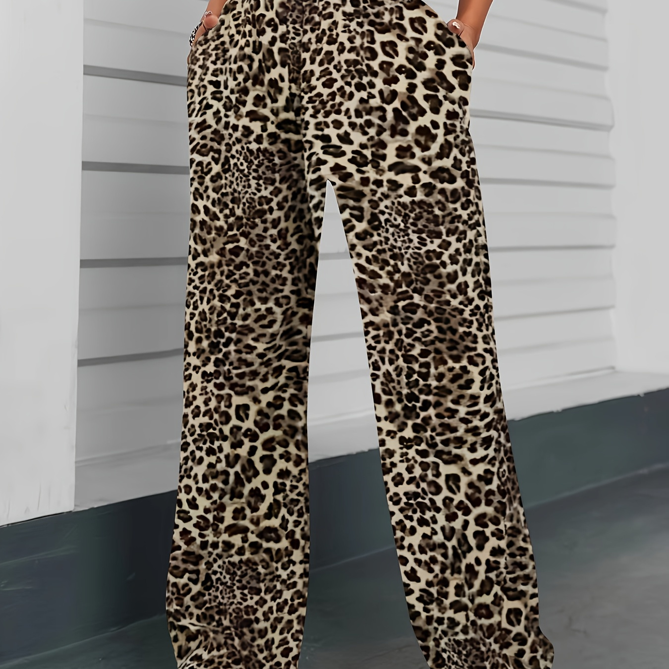 

Women's Elegant Leopard Print Wide-leg Pants - High-waisted, Flowy Streetwear Style With Pockets, Machine Washable Polyester,