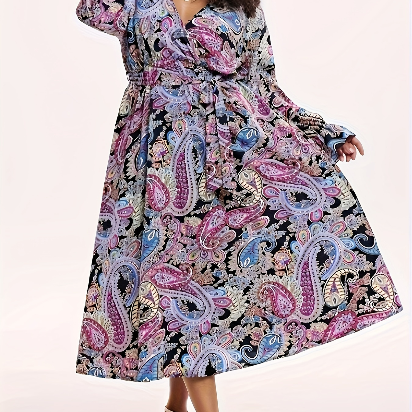 

Plus Size Boho Dress, Women's Plus Paisley Print Lantern Sleeve Surplice Neck Belted Maxi Dress