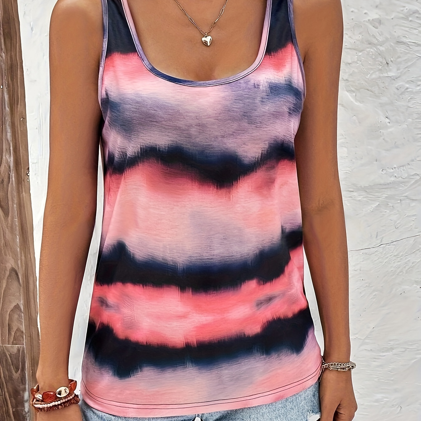 

Tie Dye Scoop Neck Tank Top, Casual Backless Sleeveless Tank Top For Spring & Summer, Women's Clothing