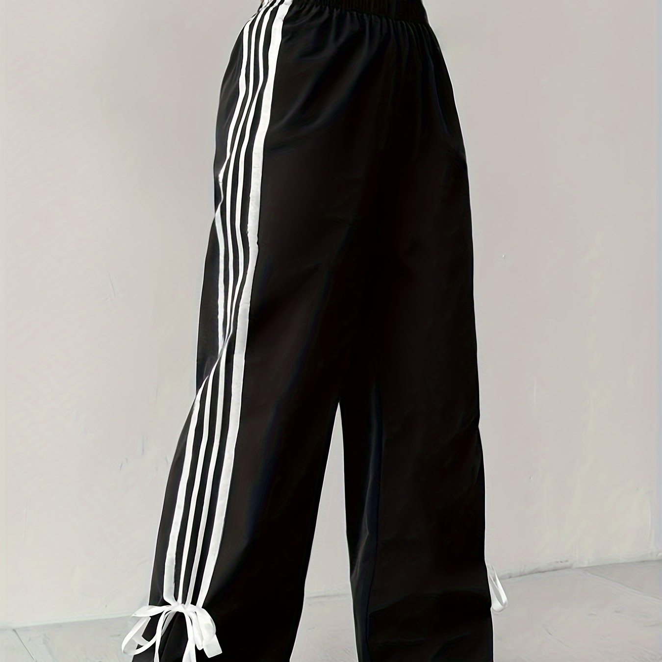 

Women's High-waist Striped Straight-leg Pants - Black With Stripes, Polyester , Machine Washable, , Cute Pants