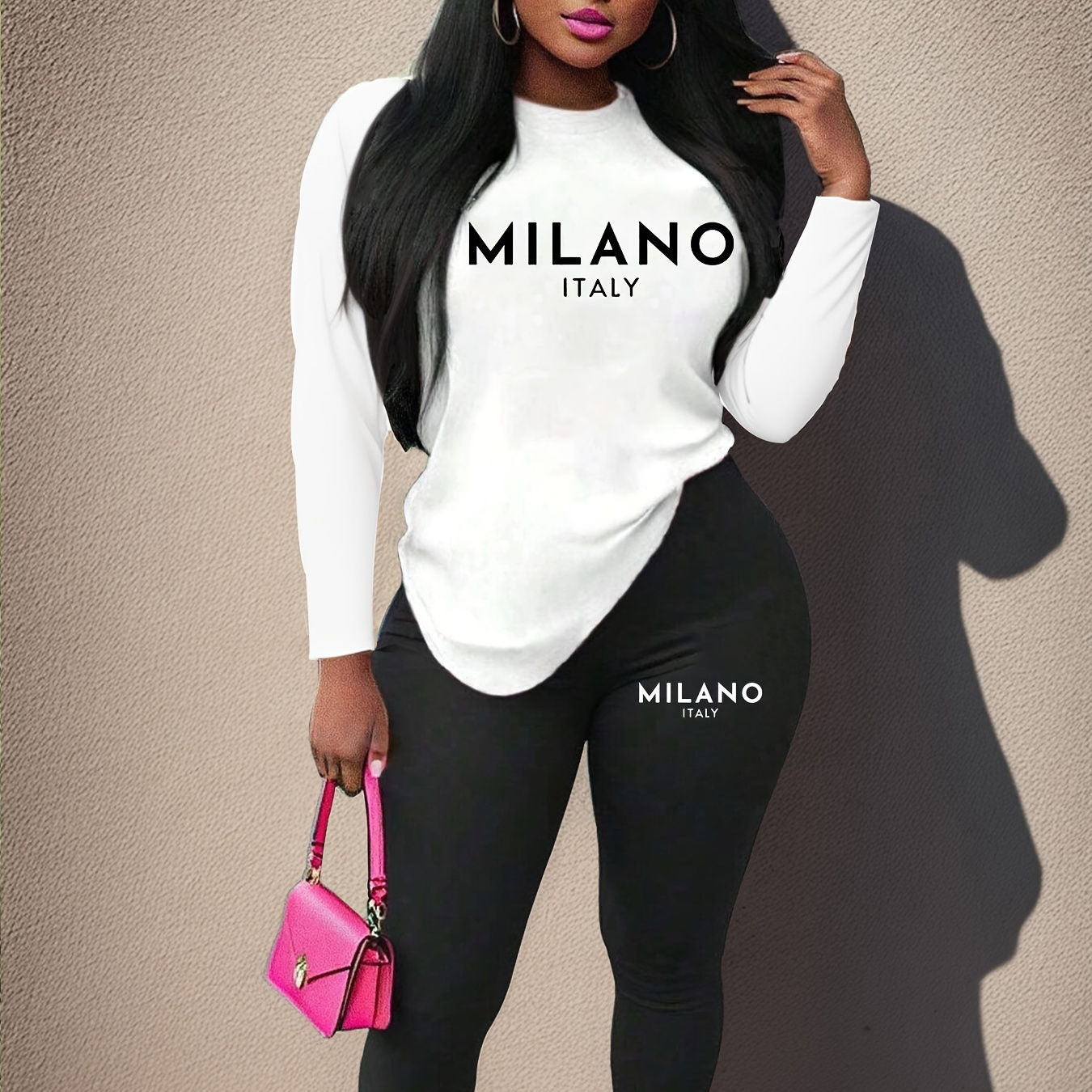

Chic Women's Activewear Set - Long Sleeve Crew Neck Top & High-waist Leggings, Stretchy Polyester Blend, Machine Washable