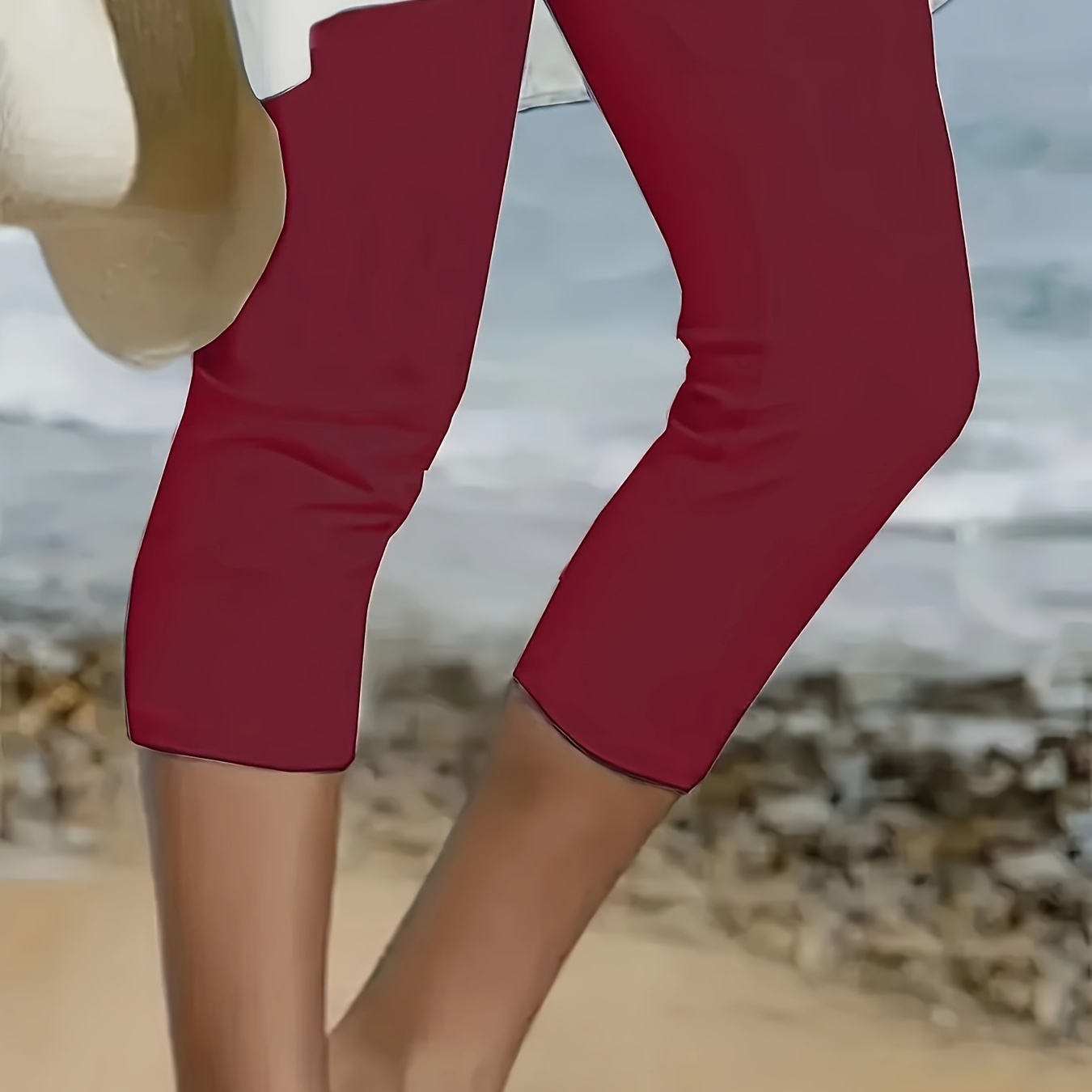 

Women's Solid Color Capri Leggings, Stretchy Yoga Pants, Mid-calf Length, Casual Athletic Wear, Elastic Running Sportswear