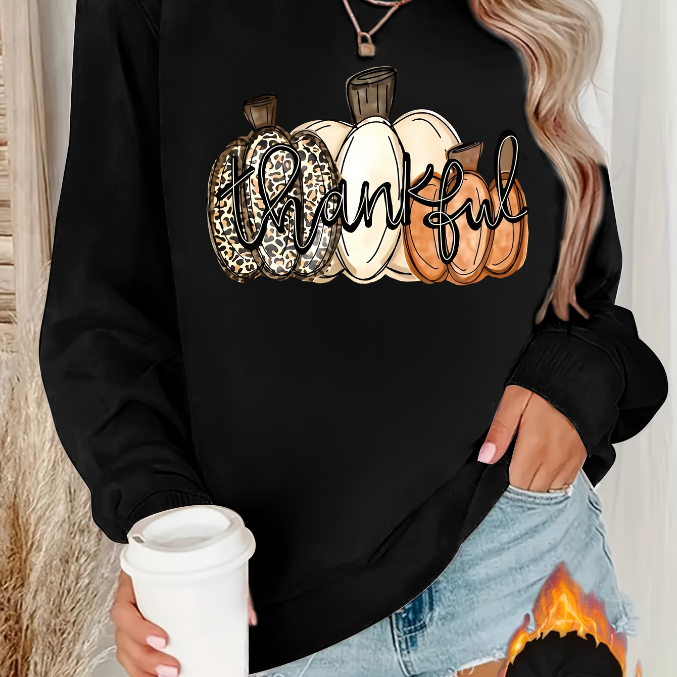 

Pumpkin Print Pullover Sweatshirt, Thanksgiving Long Sleeve Crew Neck Sweatshirt For Fall & Winter, Women's Clothing