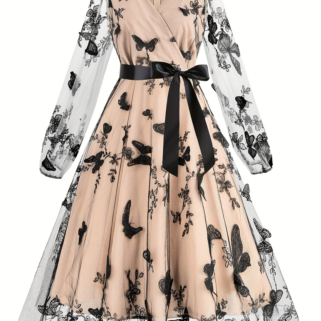 

Size Butterfly Print Midi Dress With Belt - V-neck, Long Sleeve, Stretchy Polyester , Machine Washable - All