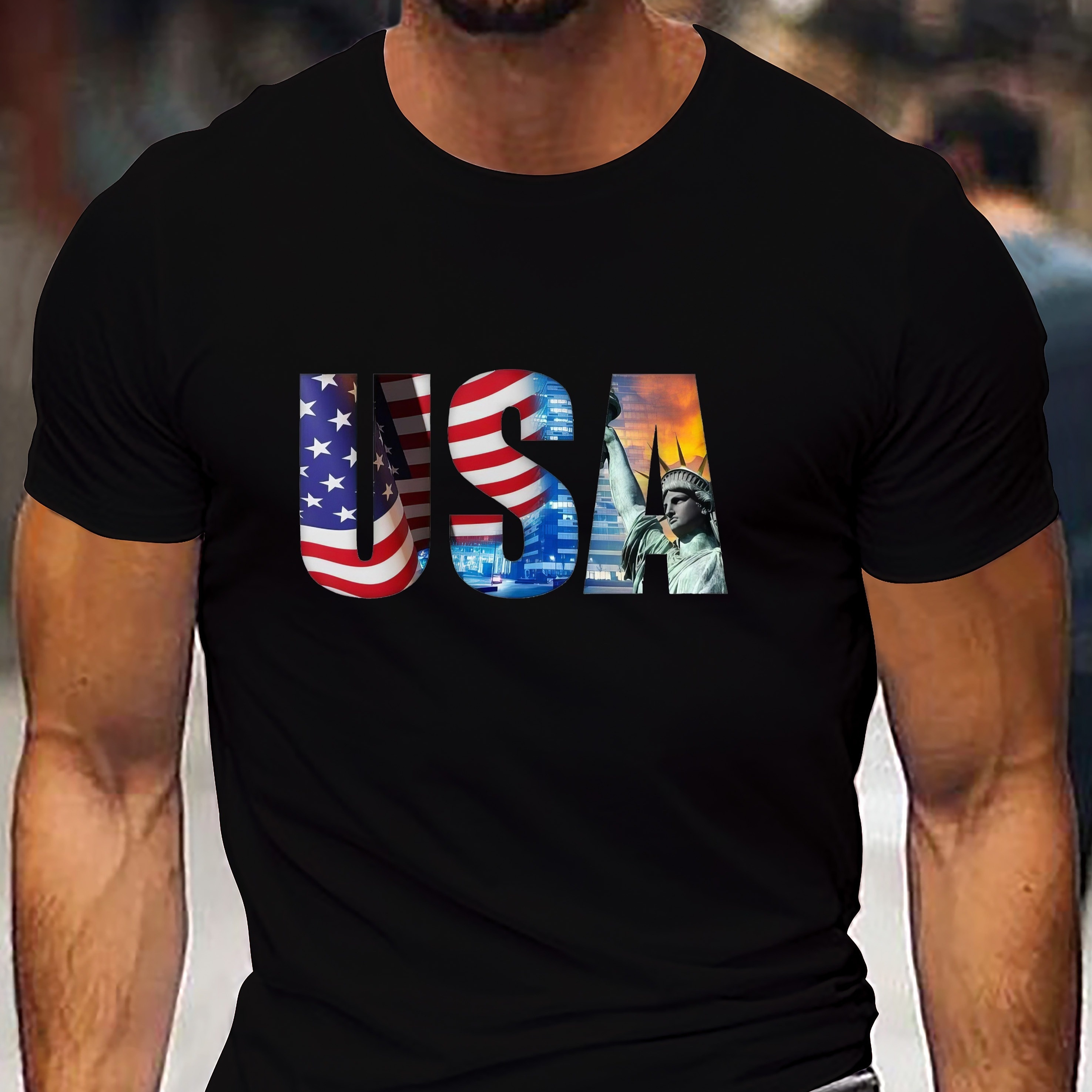 

usa" American Flag Stylish Print Summer & Spring Tee For Men, Casual Short Sleeve Fashion Style T-shirt, Sporty New Arrival Novelty Top For Leisure