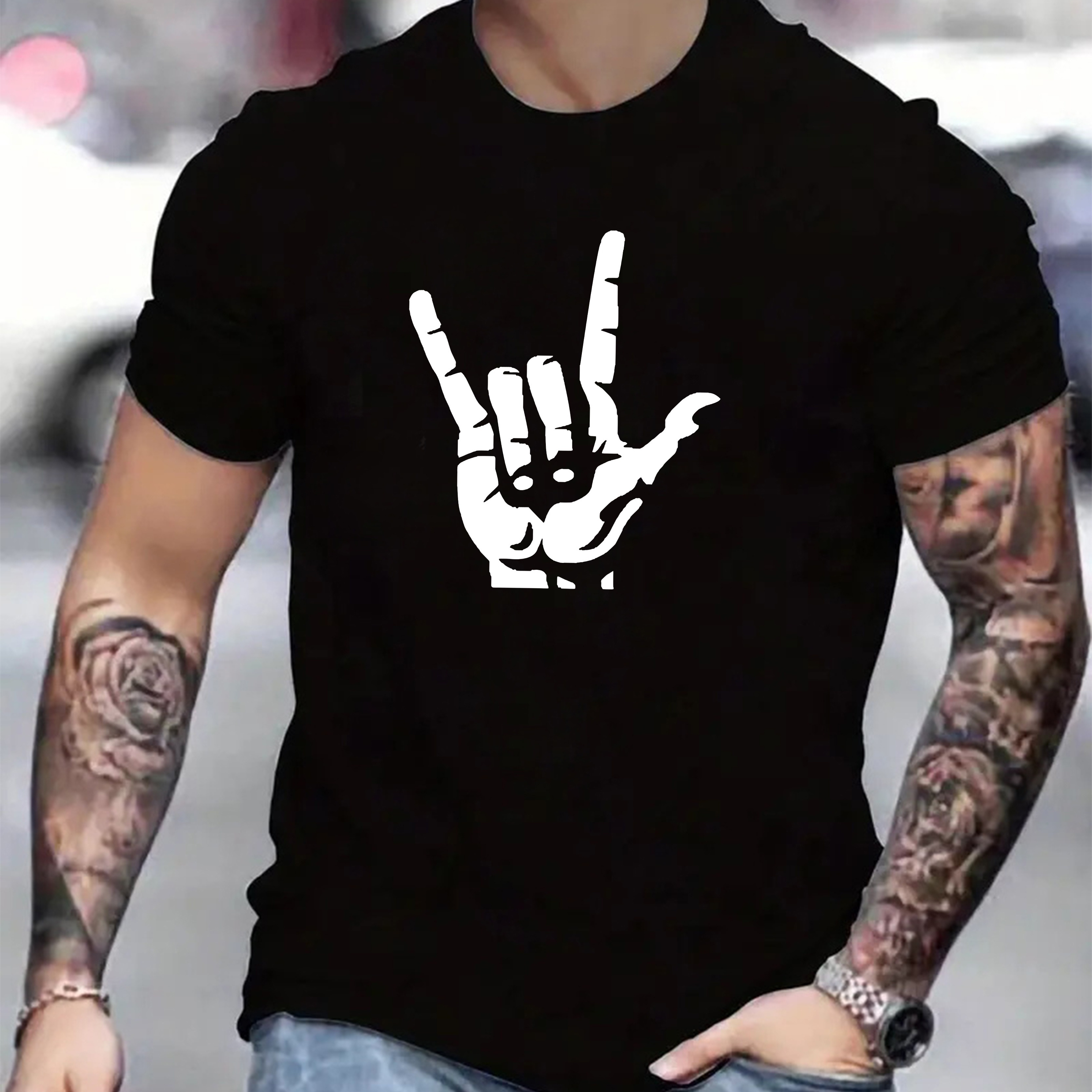 

Rock And Roll Gesture Print T Shirt, Tees For Men, Casual Short Sleeve T-shirt For Summer