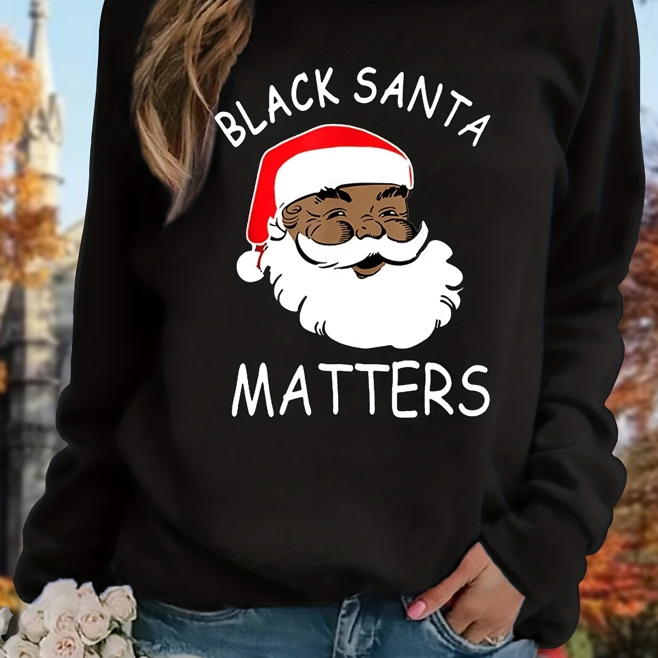 

Christmas Santa & Letter Print Cute T-shirt, Casual Long Sleeve Crew Neck Top, Women's Clothing