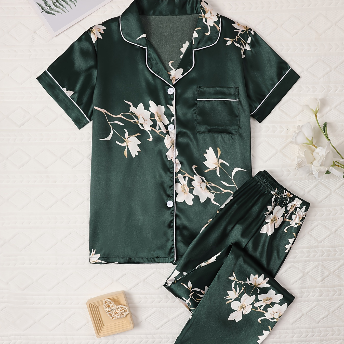 

Elegant Satin Pajama Set For Teens - Spring/fall Collection, Geometric Pattern, Short Sleeve Top With Belt Pants, Woven Fabric, Elegant Style With Flip Collar