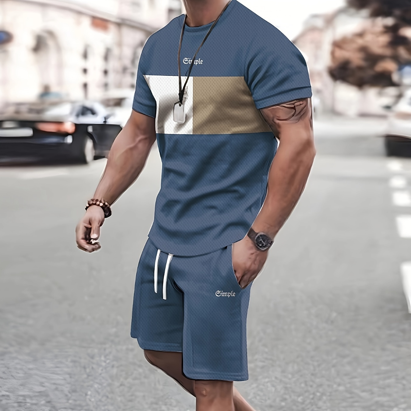 

Men's 2-piece Set With Stripe Print, Comfy T-shirt And Drawstring Shorts Summer Outfit, Casual Sporty Menswear