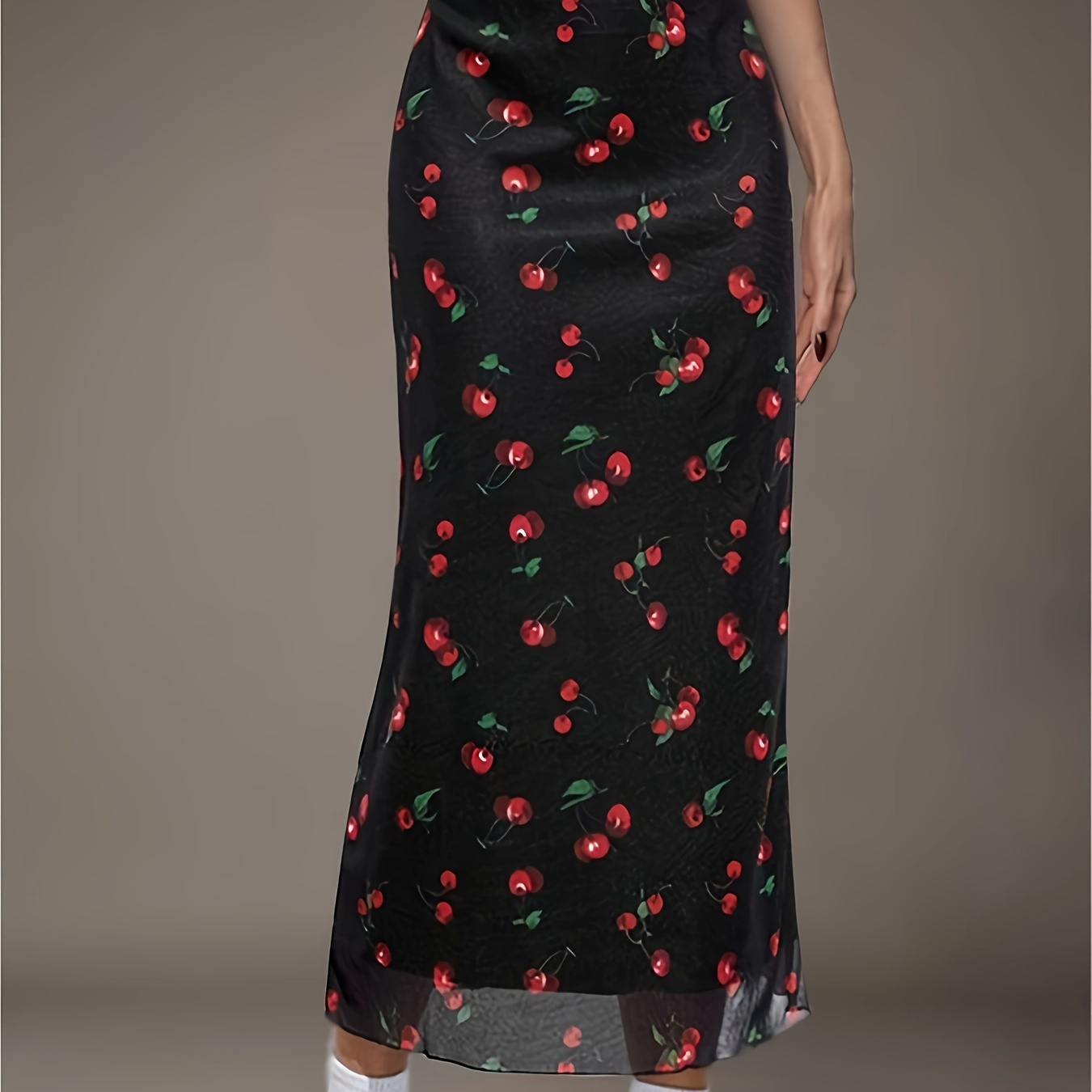 

Cherry Print High Waist Skirt, Elegant Skirt For Spring & Summer, Women's Clothing