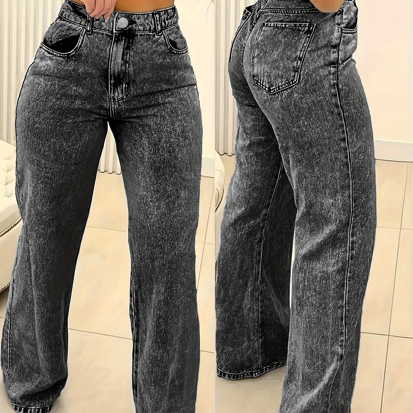 

Women's High-waist Straight-leg Jeans - Casual, Non-stretch Denim In Washed Blue, Machine Washable