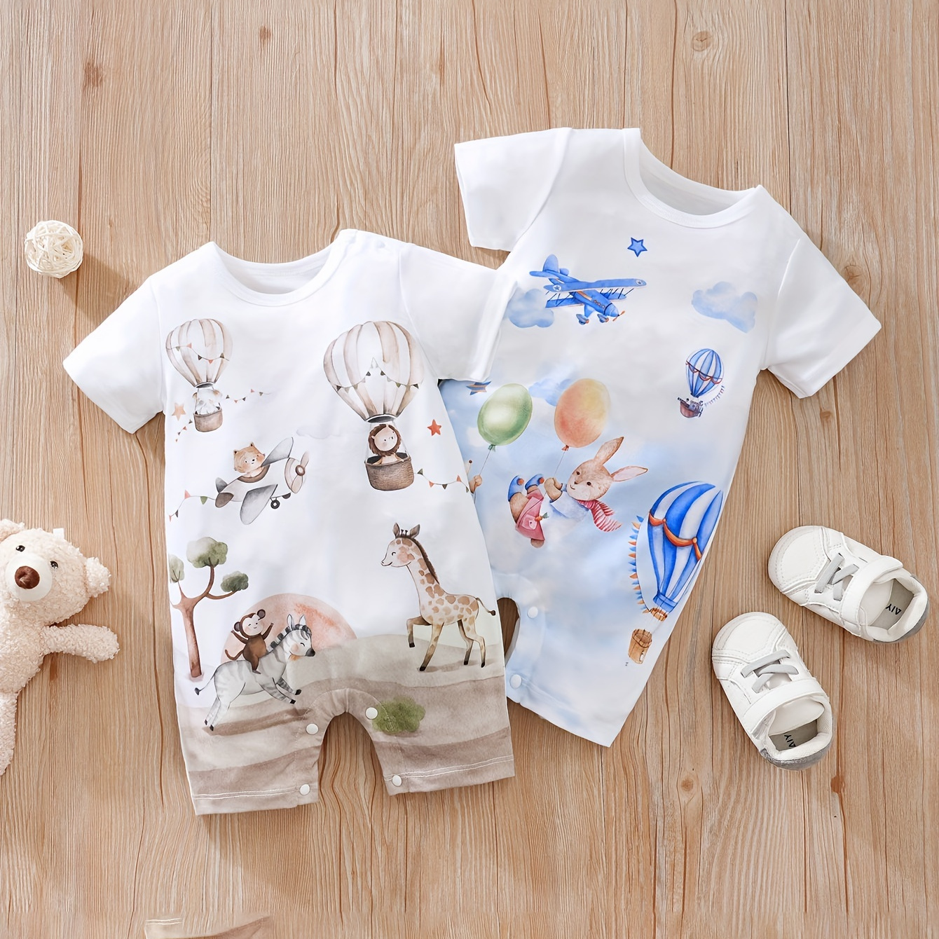 

2pcs Baby Boys Summer Cute Cartoon Hot Air Balloon Short Sleeve Rompers, Casual Style, Comfortable Baby Onesies Set