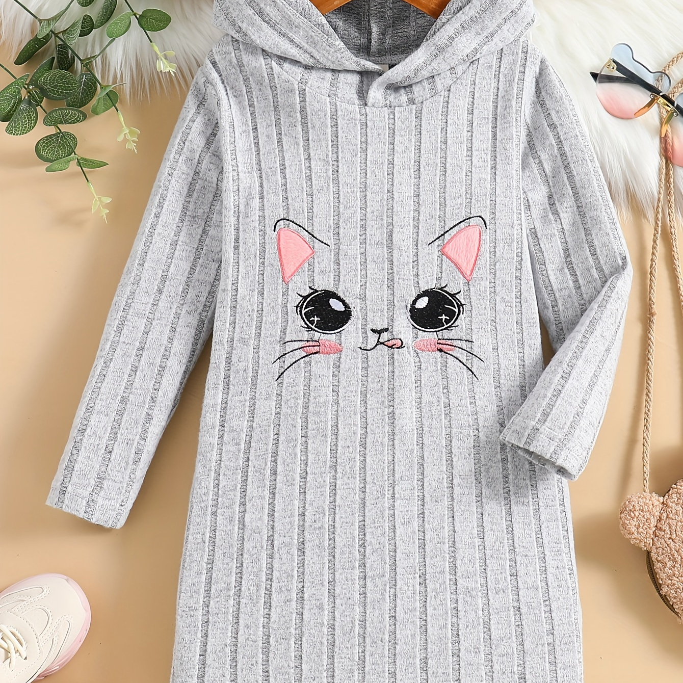 

Girls Cat Pattern Knitted Long Sleeve Hooded Dress For Spring Fall Outdoor Activities