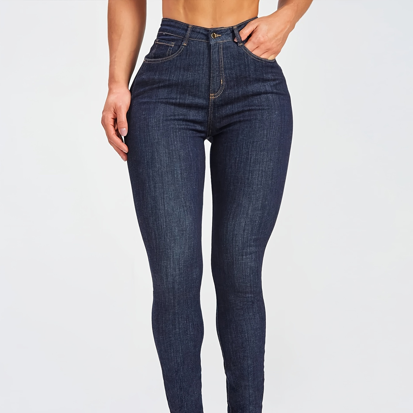

High Rise Stretchy Skinny Jeans, High Waist Tight Fit Zipper Dark Blue Pencil Denim Jeans, Women's Denim Jeans & Clothing