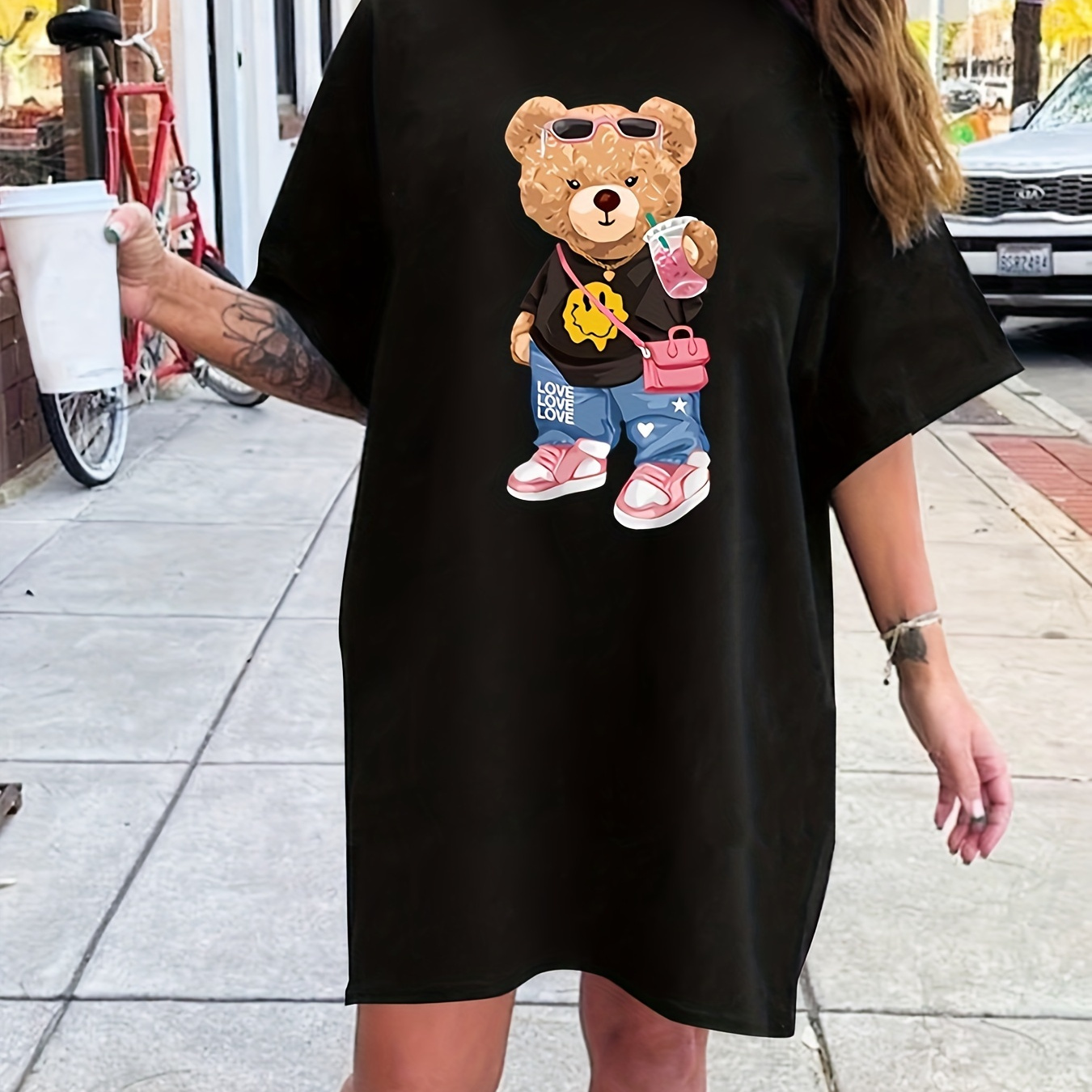 

Bear Print Tee Dress, Short Sleeve Crew Neck Casual Dress For Summer & Spring, Women's Clothing