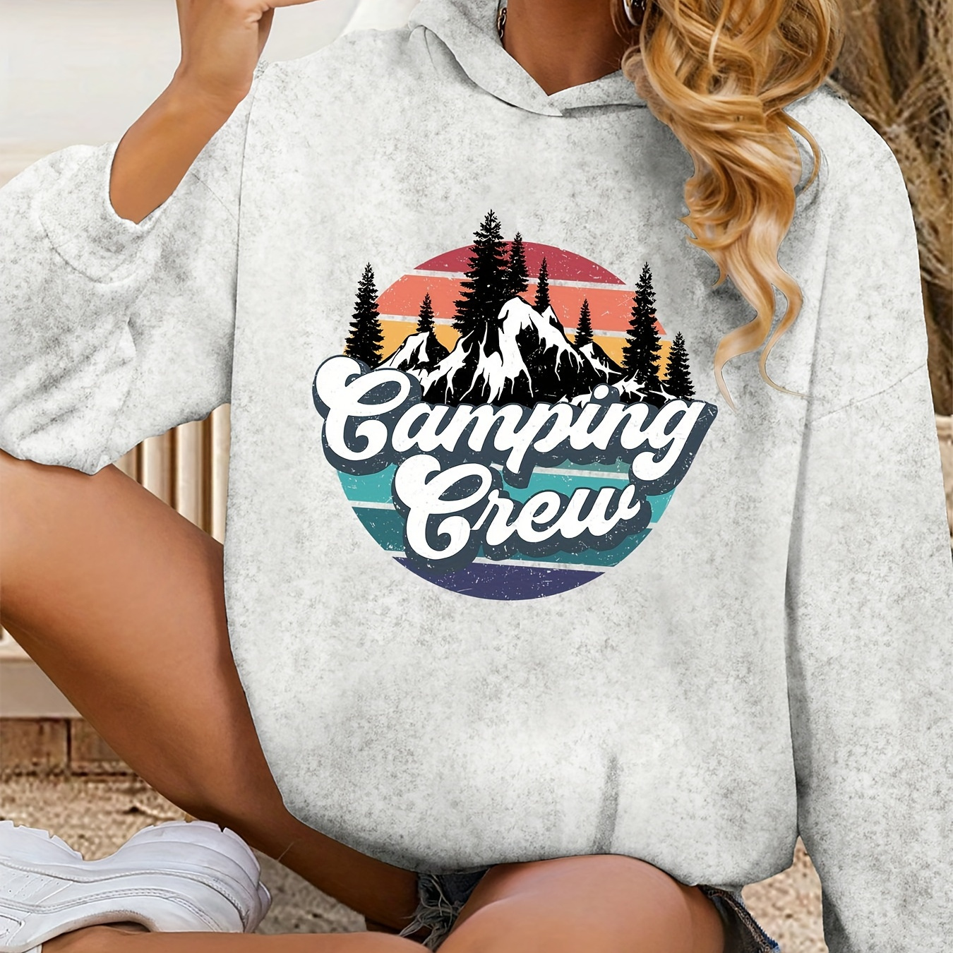 

Camping Crew Hoodie For Women - Casual Geometric Mountain Print Sweatshirt With Hood, Polyester Knit Fabric, Ribbed Detail, Unisex Fall/winter Outdoor Apparel