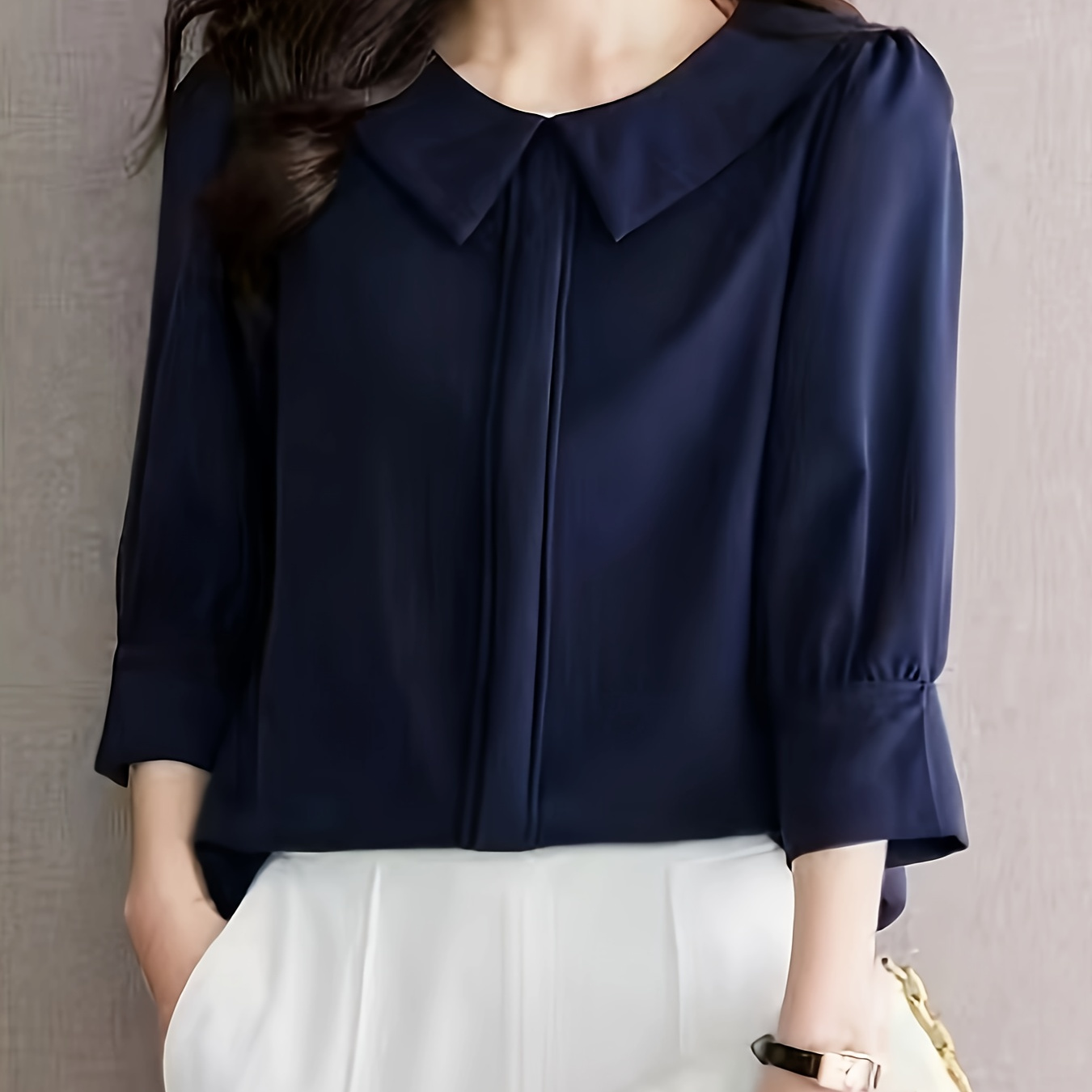

Solid Pater Pan Collar Blouse, Elegant 3/4 Sleeve Blouse For Spring & Fall, Women's Clothing
