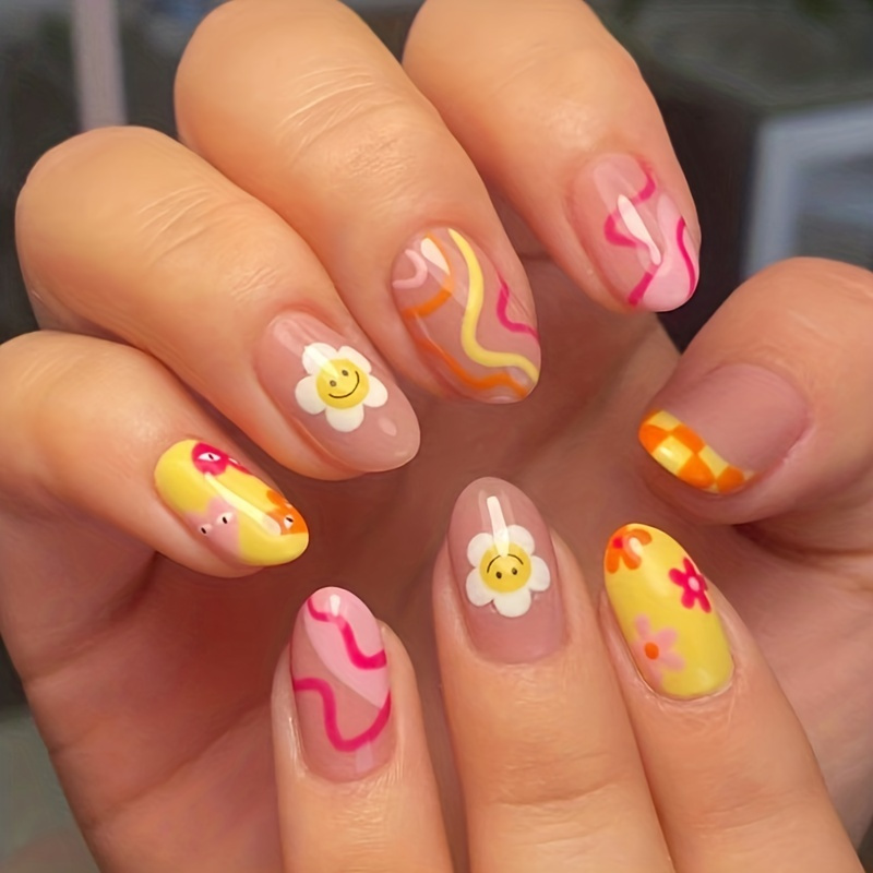 Y2k, Sunflower Press On Nails, Colorful Ripple Short Nails, Women's Fake Nails