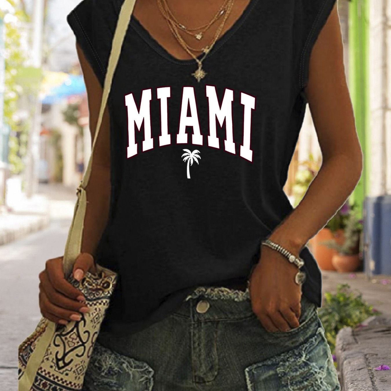

Miami Letter Print Tank Top, Cap Sleeve Casual Top For Summer & Spring, Women's Clothing