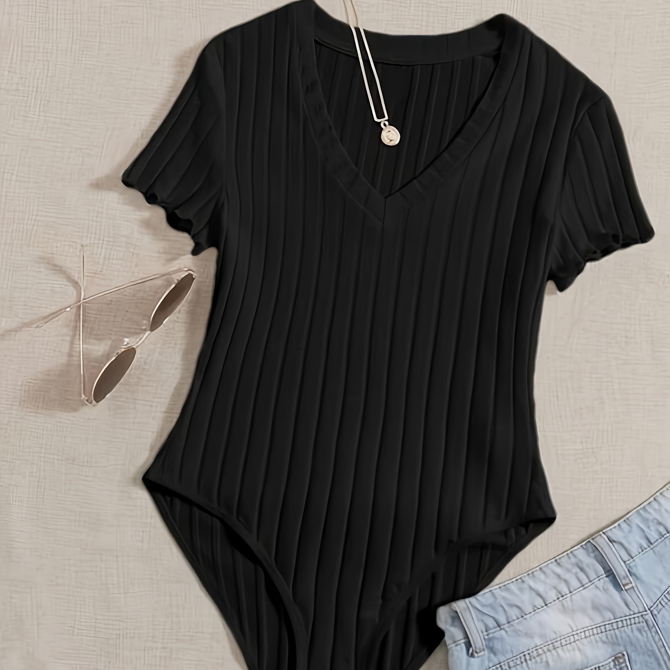 

Solid Color V Neck Ribbed Bodysuit, Elegant Lettuce Trim Short Sleeve Bodysuit, Women's Clothing