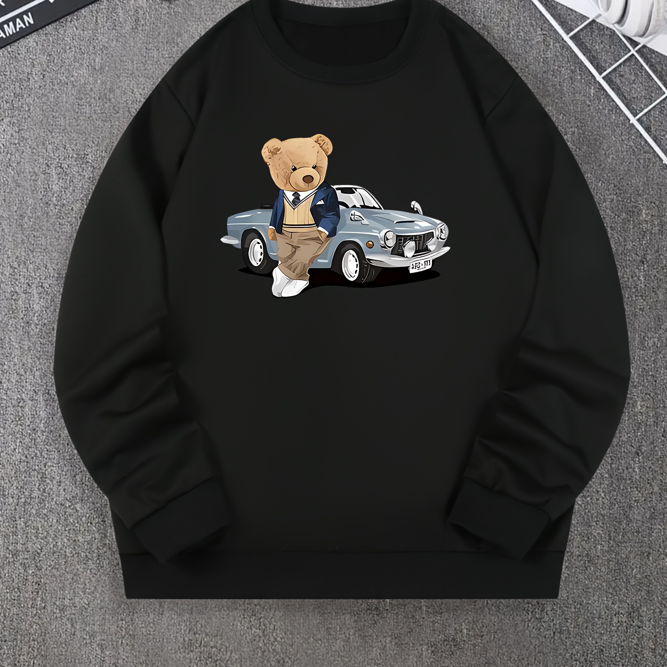 

Bear Car Print Men's Pullover Round Neck Long Sleeve Sweatshirt Pattern Loose Casual Top For Autumn Winter Men's Clothing As Gifts