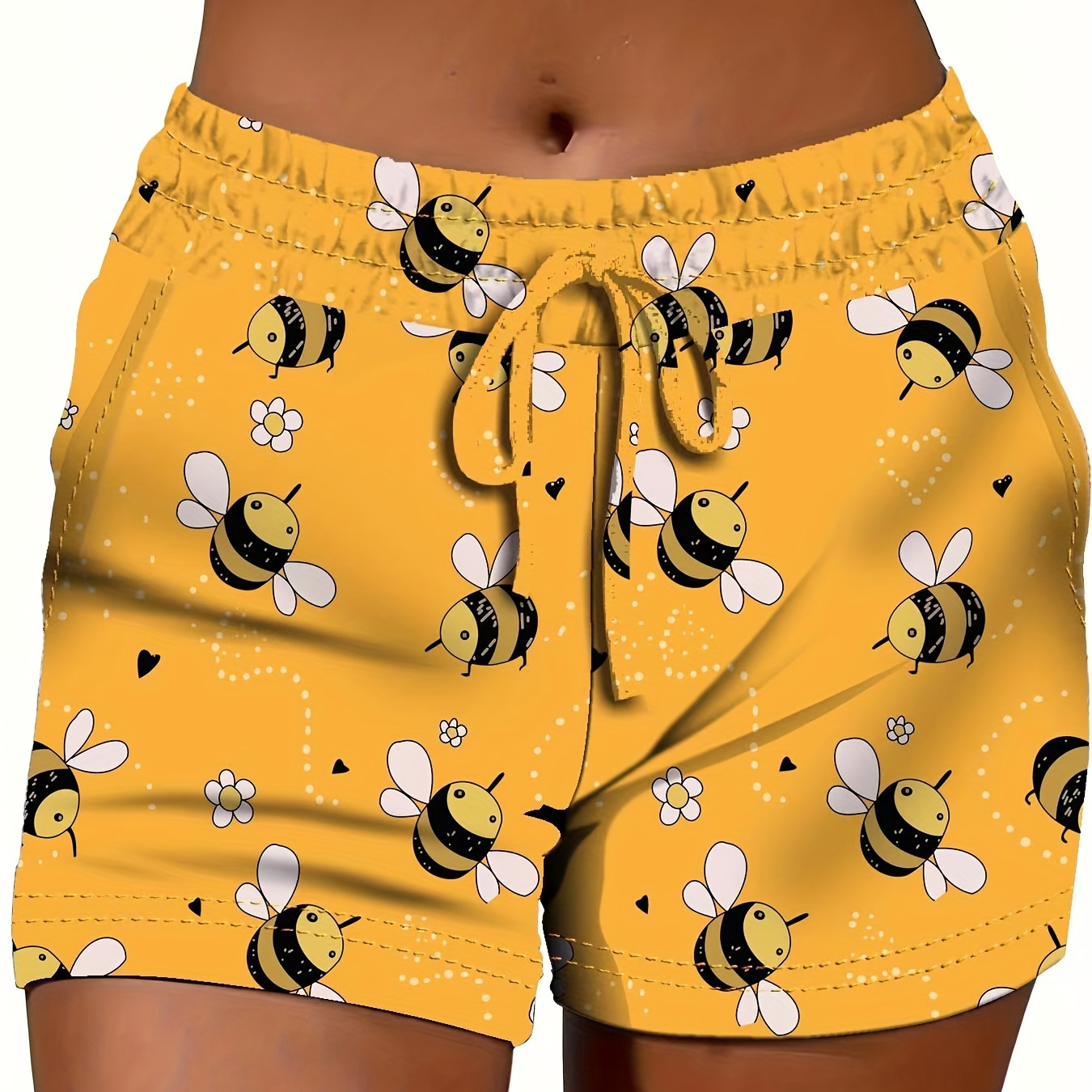 

Bee Print Drawstring Waist Shorts, Casual Slant Pocket Shorts For Summer & Spring, Women's Clothing