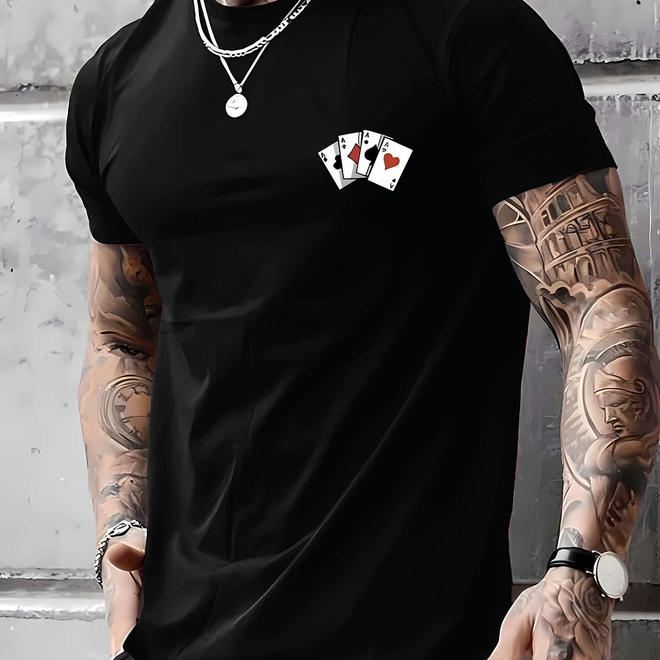 

Poker Card Little Illustration Print Tee Shirt, Tees For Men, Casual Short Sleeve T-shirt For Summer