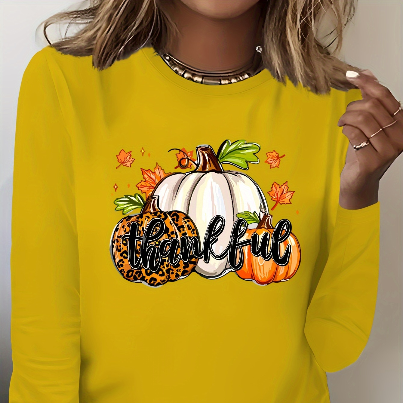 

Pumpkin Print T-shirt, Long Sleeve Crew Neck Casual Top For Spring & Fall, Women's Clothing