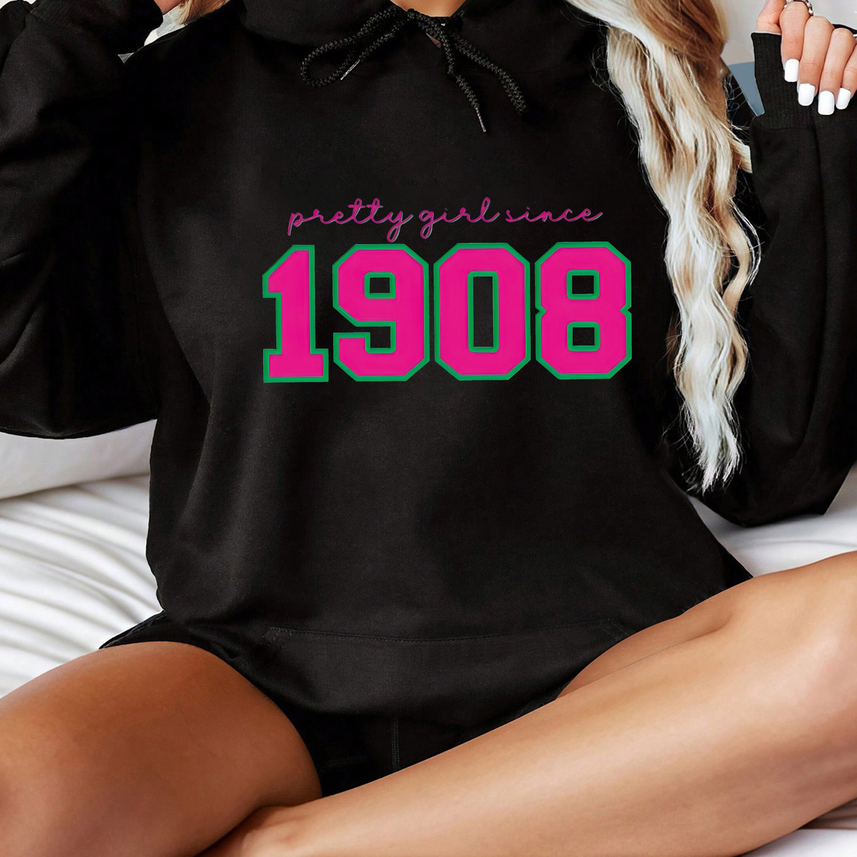 

1908 & Hooded Drawstring Sweatshirt , Long Long Sleeve , Women's