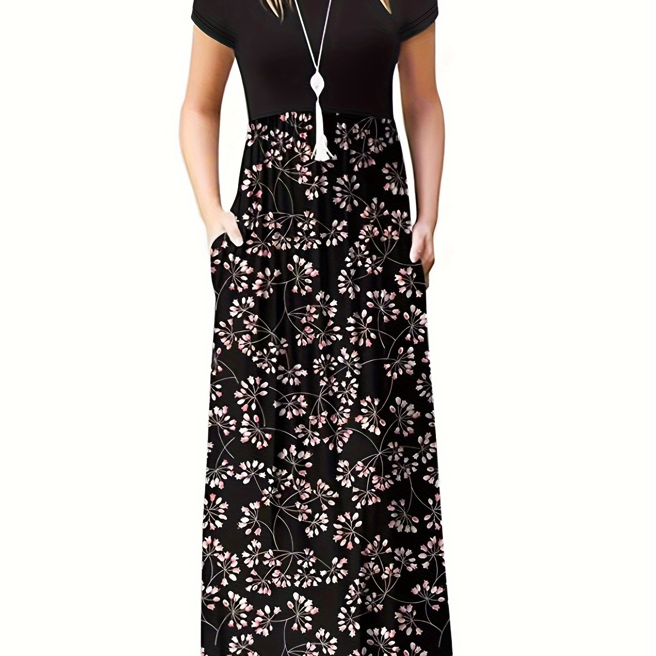 

Floral Print Color Block Splicing Dress, Elegant Crew Neck Short Sleeve Maxi Dress For Spring & Summer, Women's Clothing