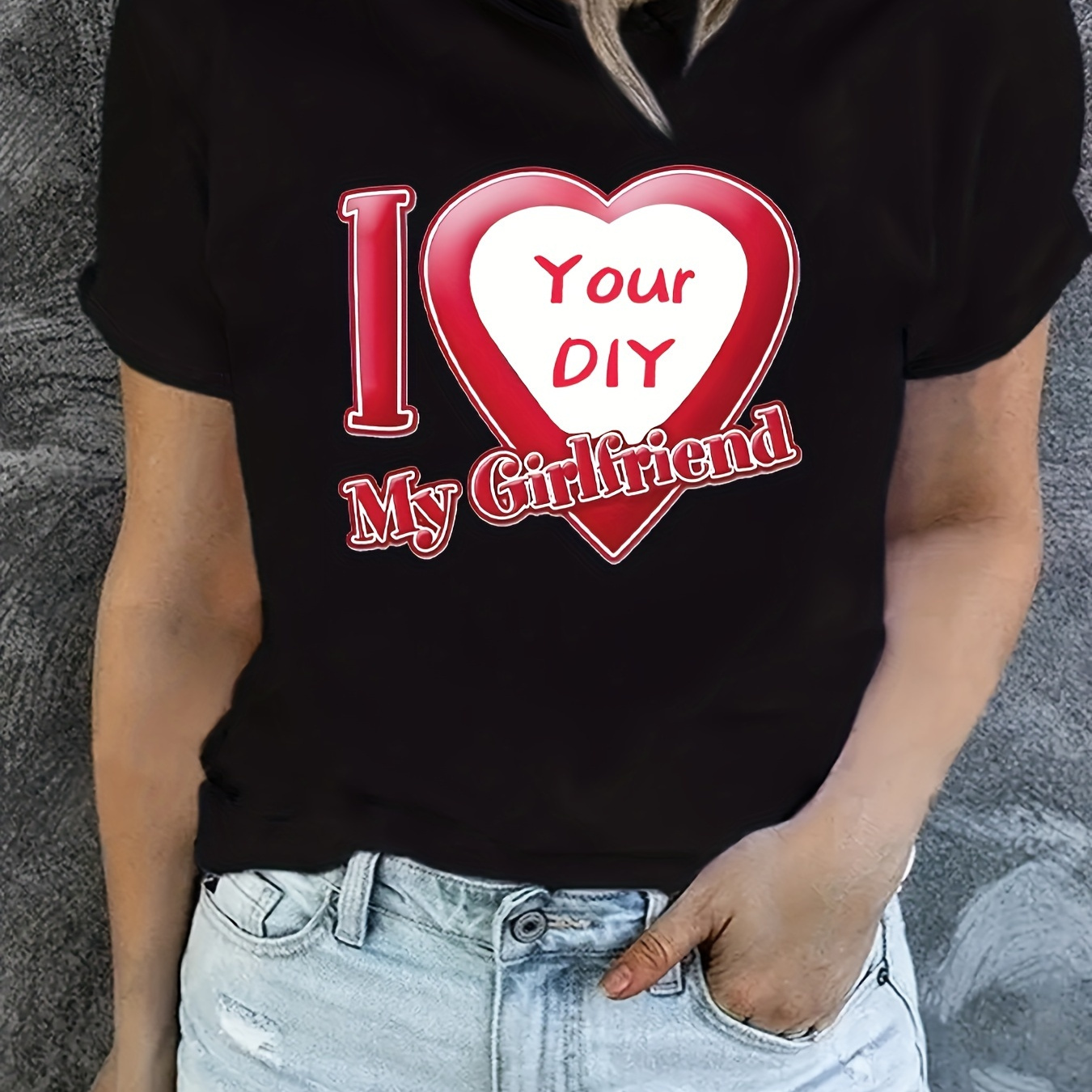 

Valentine's Day I Love Text And Photos Diy Customized Printed T-shirt, Short Sleeve Crew Neck Casual Top For Summer & Spring, Women's Clothing