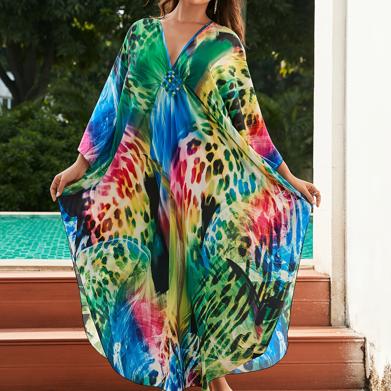 

Women's Boho Style Cover Up, Plus Size Colorful Leopard Print V Neck Woven Design Loose Fit Beach Kaftan Dress