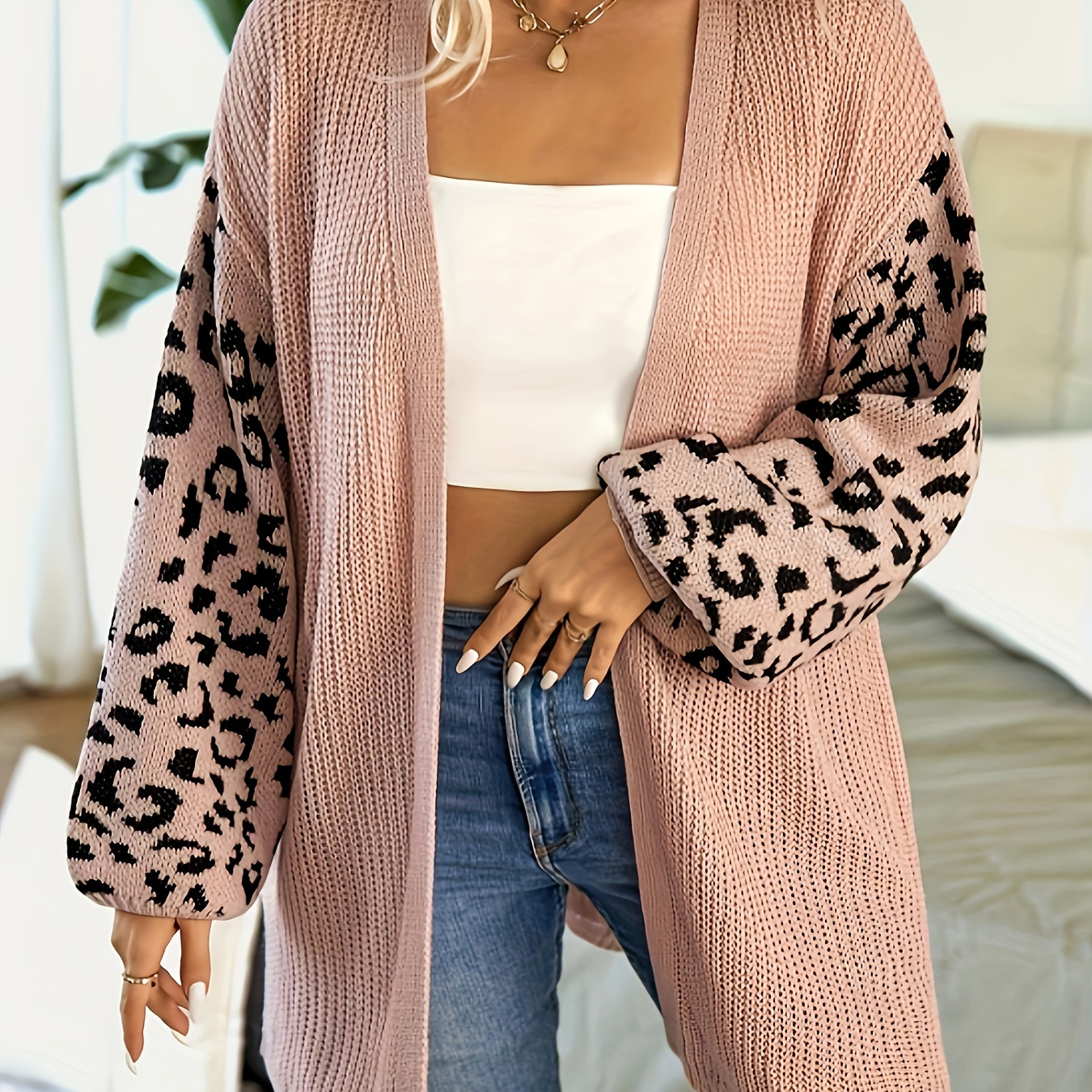 Plus Size Casual Cardigan, Women's Plus Colorblock Leopard Print Lantern Sleeve Open Front Slight Stretch Cardigan