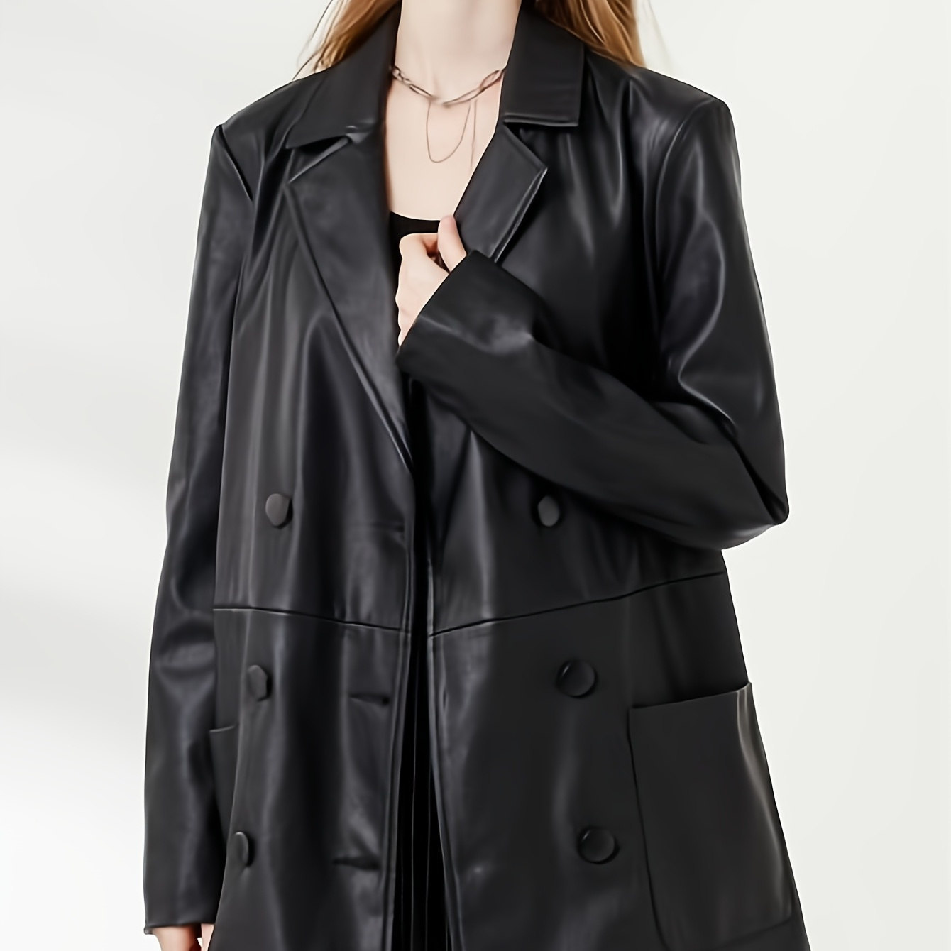 

[ Build] Women' Black Pu Leather Blazer - Double-breasted Long Sleeve Jacket With Lapel Collar, Casual Loose Fit For Spring/fall, Elegant Office Or Outerwear