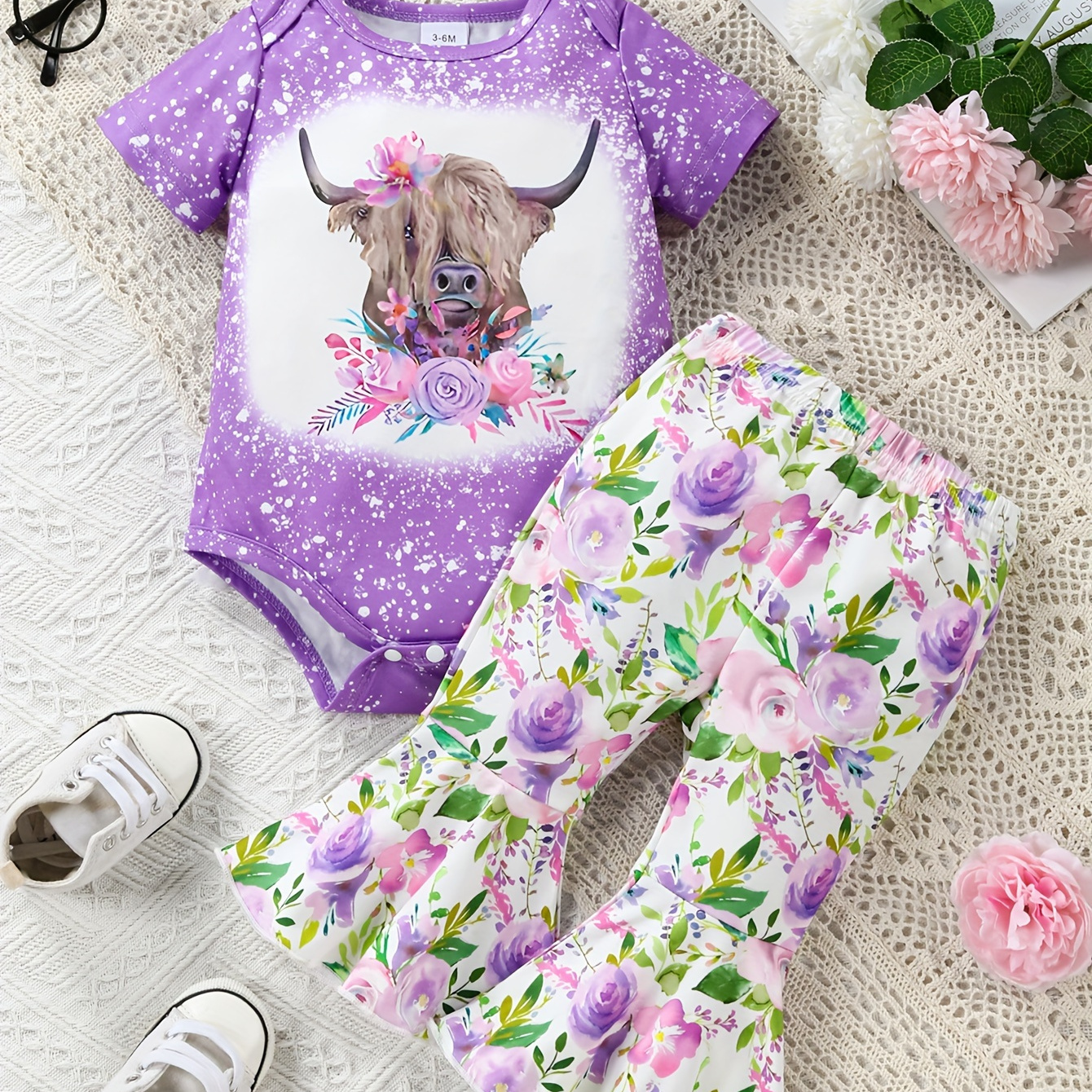 

Newborn Baby Cow Head Flower Short Sleeve Triangle Romper + Long Flower Print Flared Trousers Pants For Baby Girls