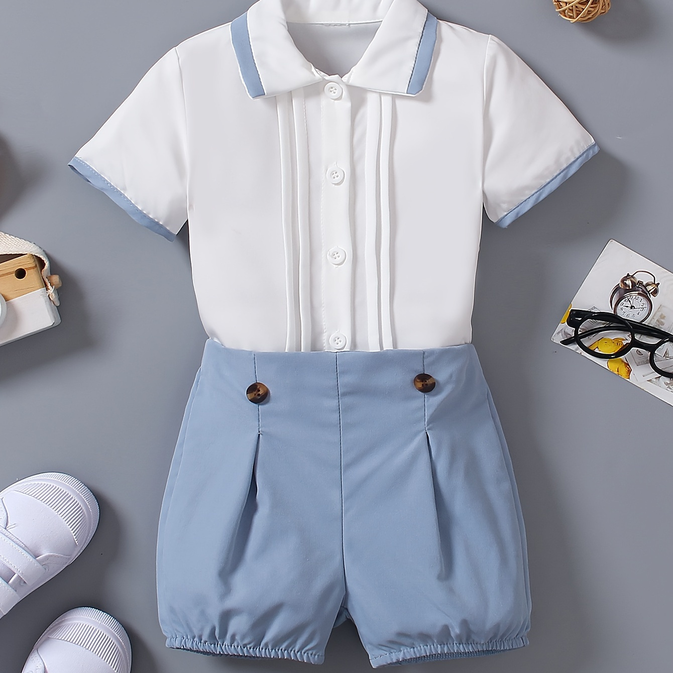 

2pcs Toddler Boy's Summer Outfit Set, Classic Style Short Sleeve Shirt With Contrasting Collar And Cuffs, Solid Color Shorts