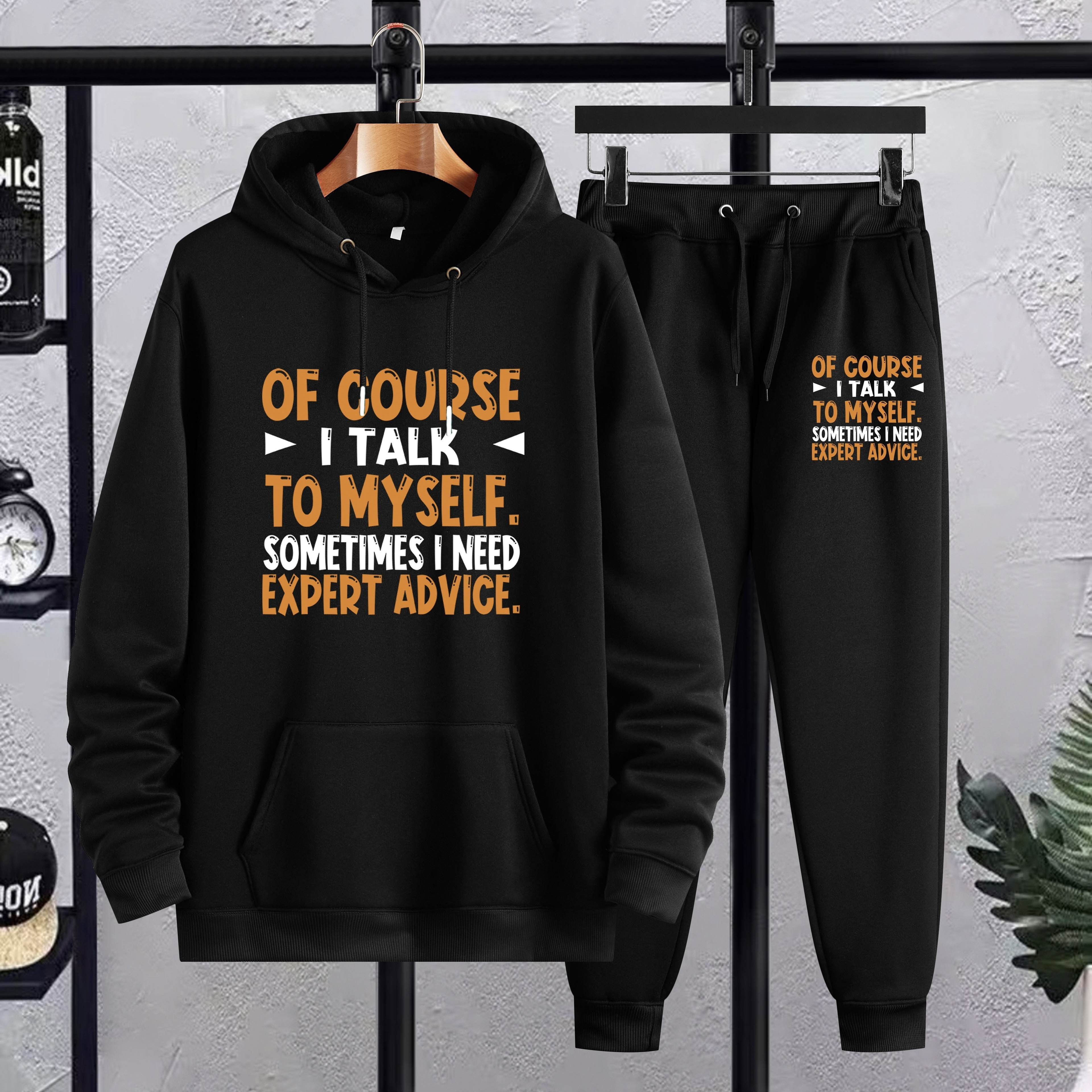 

Plus Size Men's "of Course I Talk To Myself" Print Hooded Sweatshirt & Sweatpants Set For Spring Fall Winter, Clothing For Males