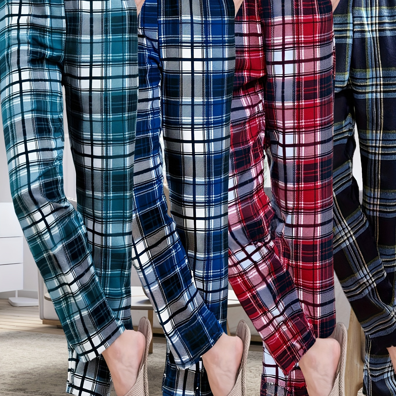 

4-pack Men's Tartan Pajama Pants, Casual Knit Fabric Sleepwear With Pockets, 95% Polyester 5% Spandex, Slight Stretch, , Regular Fit, Lightweight Lounge Trousers, No Belt, 140g/m² - Cozy Set