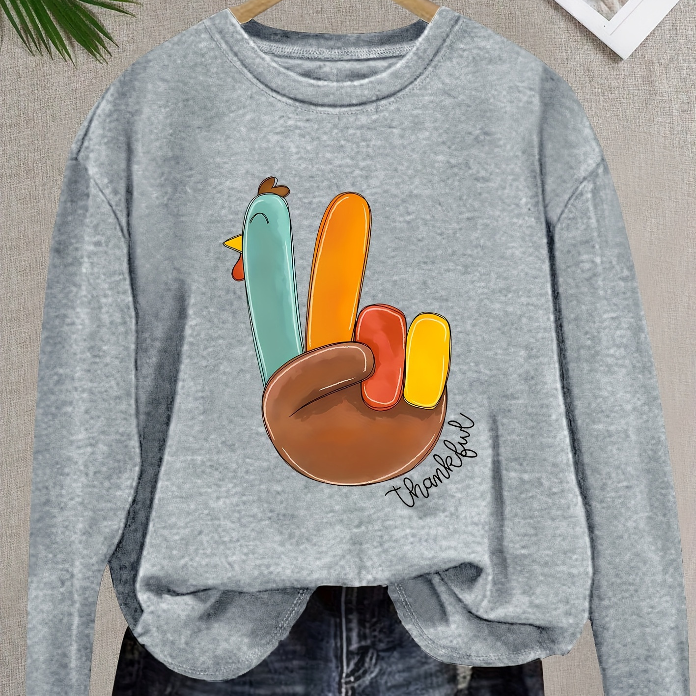 

Chic Thanksgiving Turkey Finger Print Long Sleeve T-shirt For Women - Vintage Style, Polyester, Machine Washable - Spring/summer/fall