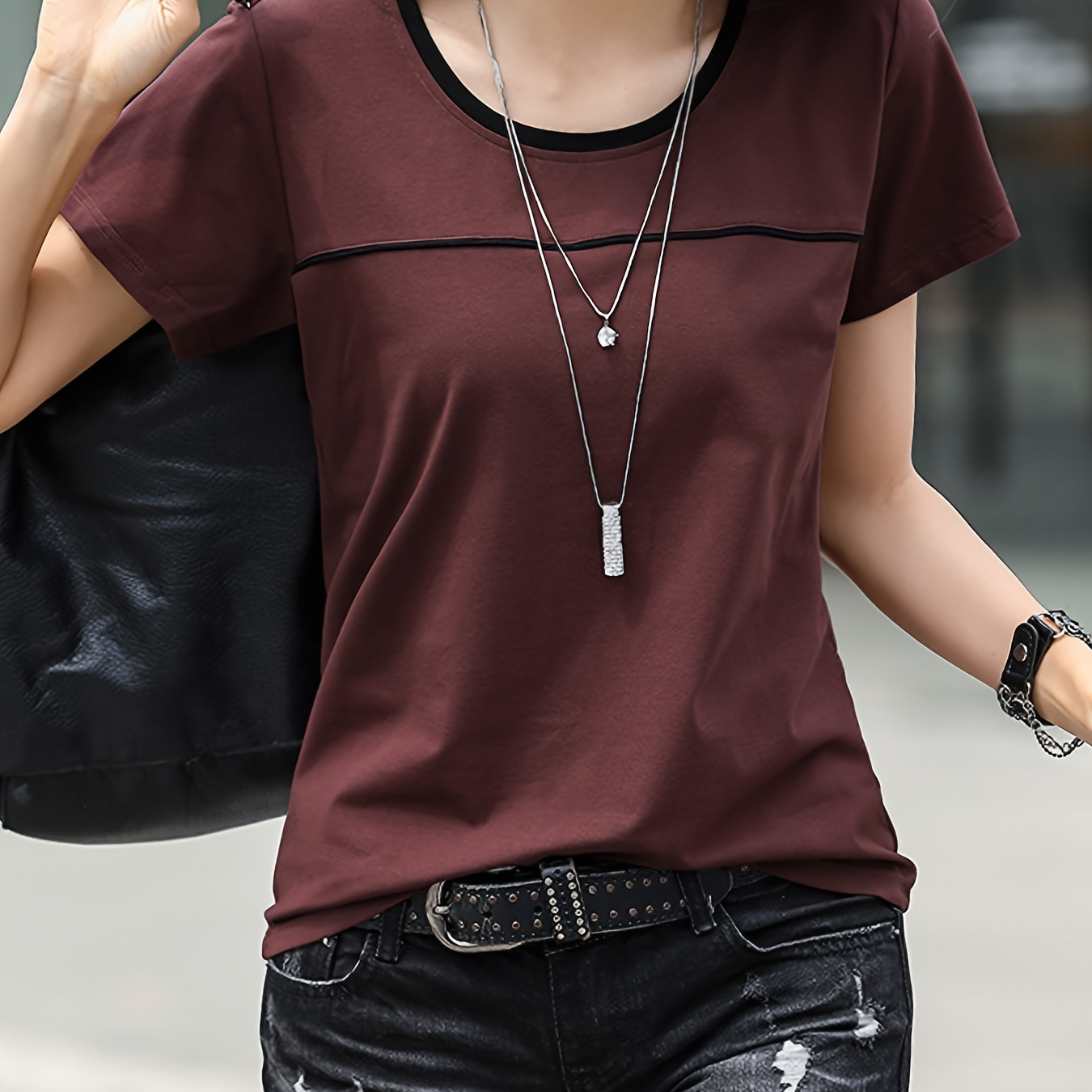 

Contrast Trim Crew Neck T-shirt, Short Sleeve Elegant Top For Summer & Spring, Women's Clothing