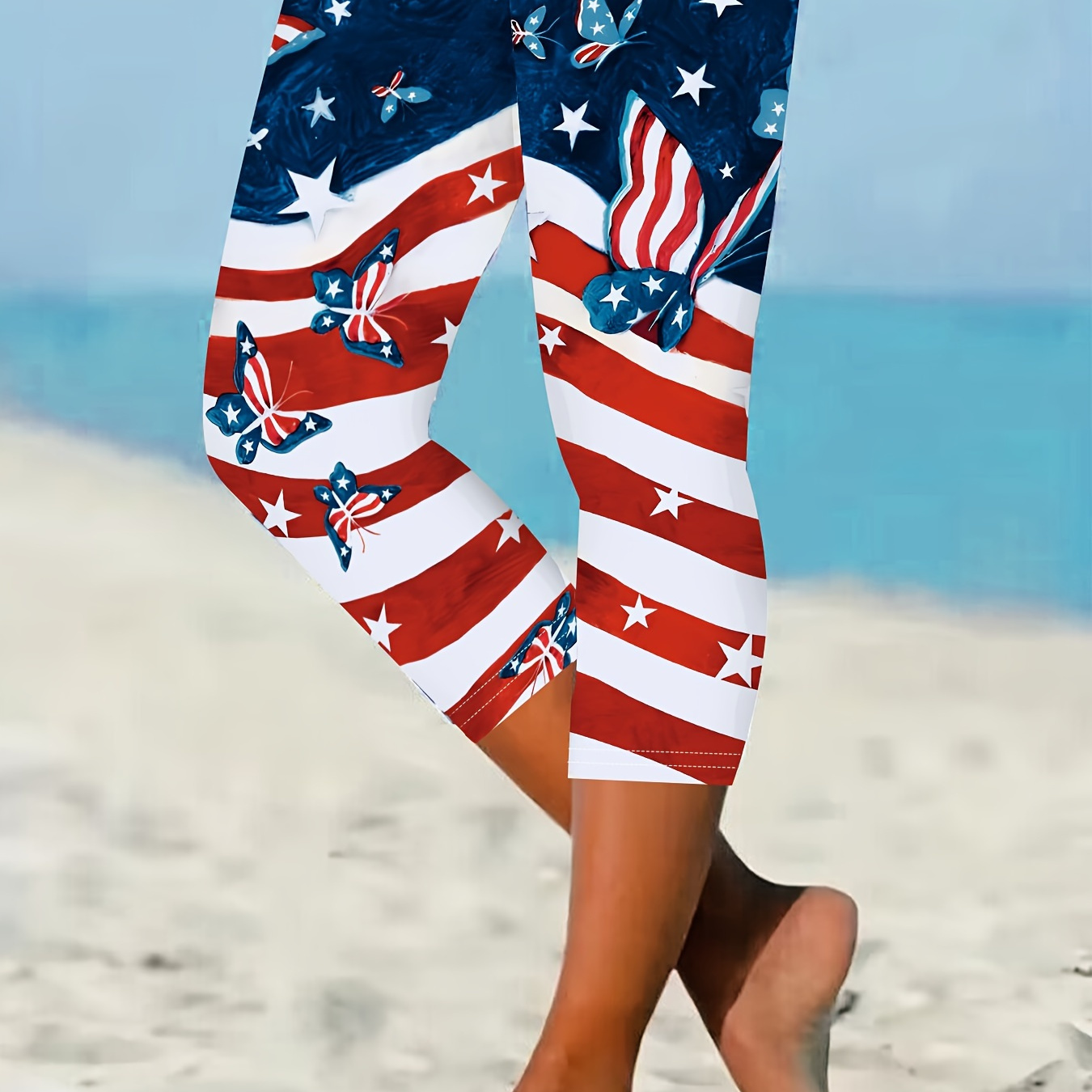 

American Flag Print Skinny Cropped Leggings, Casual Elastic Waist Stretchy Leggings, Women's Clothing