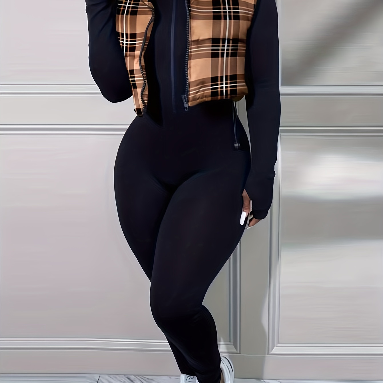 

Plaid Print Drawstring Vest Coat, Casual Zip Up Sleeveless Outerwear, Women's Clothing