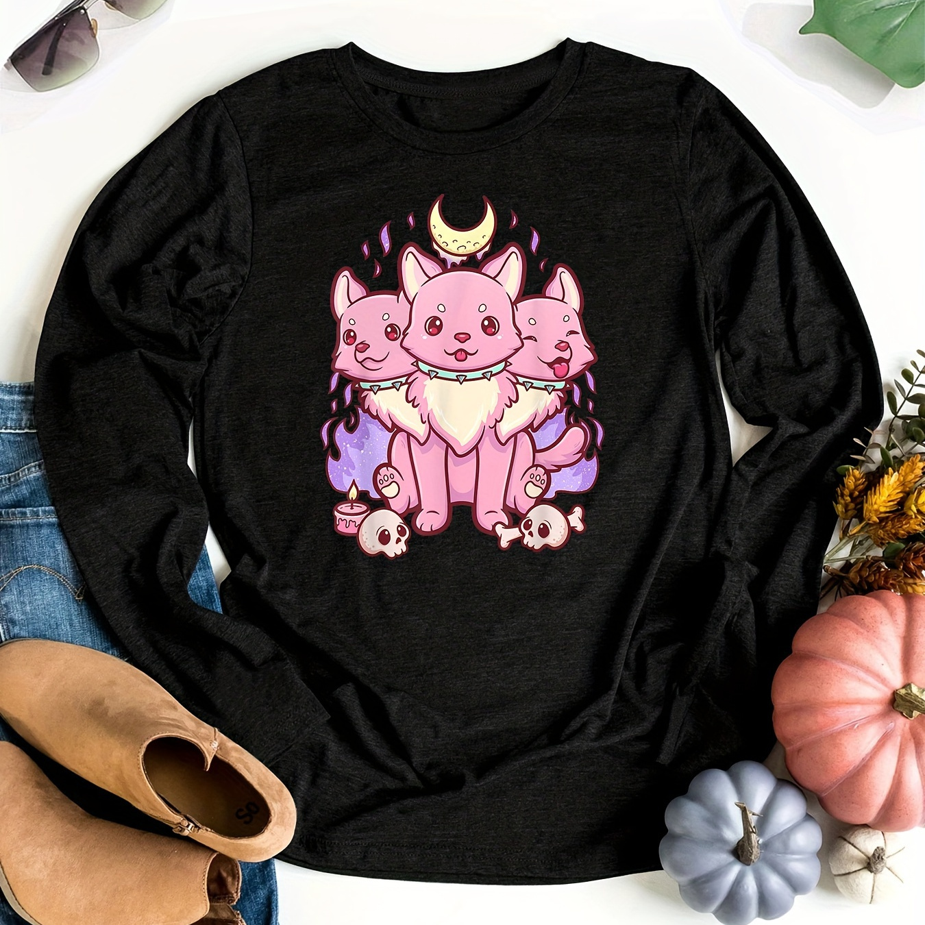 

Plus Size Cartoon Print T-shirt, Casual Long Sleeve Crew Neck T-shirt For Fall & Winter, Women's Plus Size Clothing