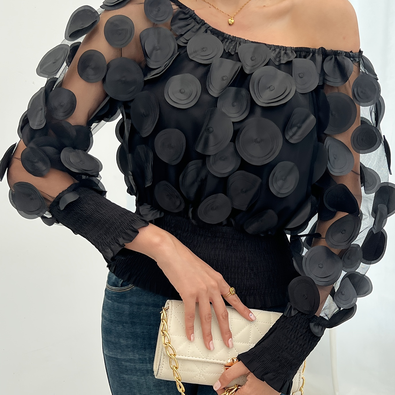 

Applique Mesh Slant Shoulder Top, Elegant Asymmetrical Lantern Sleeve Blouse For Spring & Fall, Women's Clothing