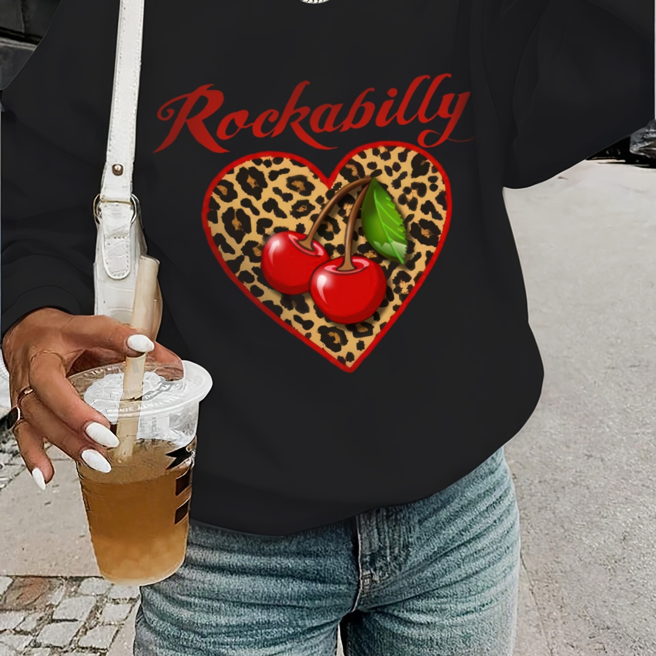 

Women's Rockabilly Slogan Sweatshirt - 100% Polyester Casual Crew Neck Pullover With Cherry & Leopard Heart Applique, Knit Fabric Top