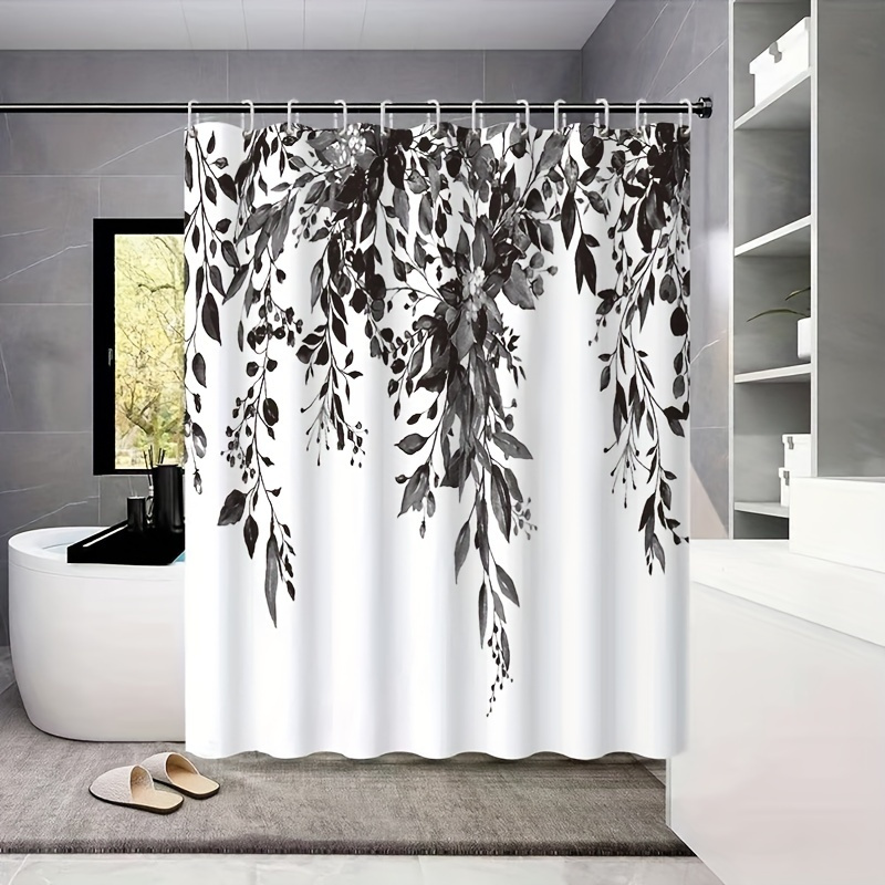 

1pc Waterproof Black And White Floral Shower Curtain - Soft And Durable Fabric For Bathroom Decor And Window Treatment