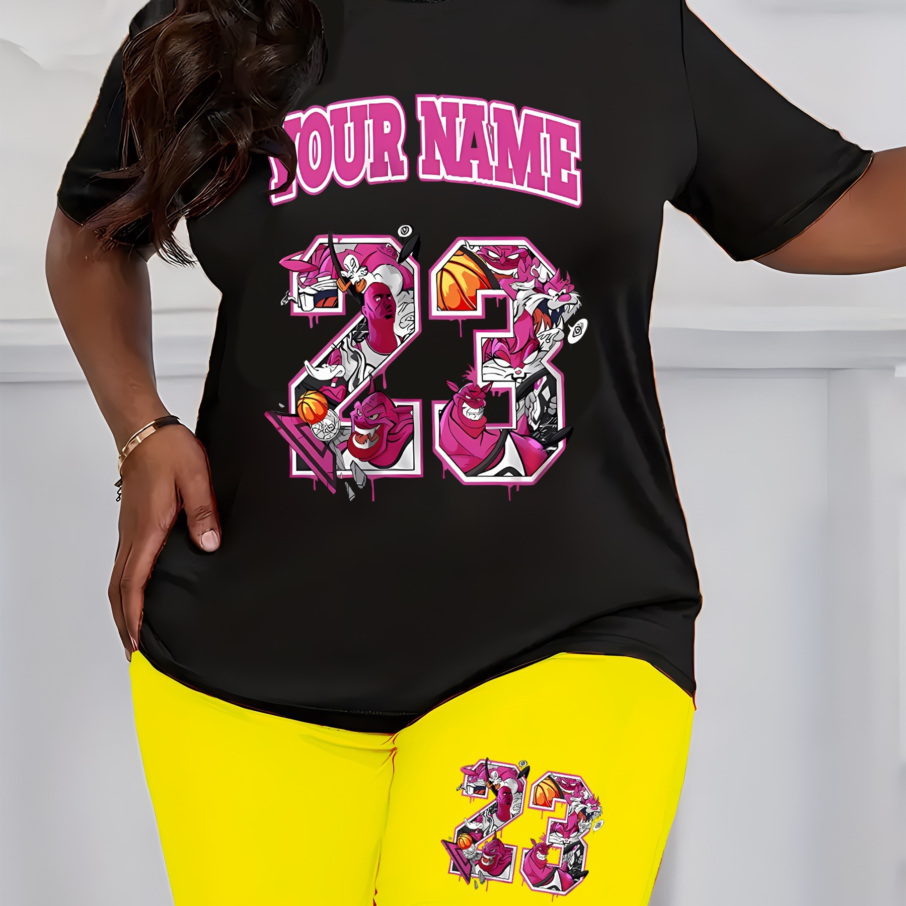 

Plus Size Your Name & 23 Print Biker Shorts Set, Short Sleeve Crew Neck T-shirt & Biker Shorts, Women's Plus Size Clothing