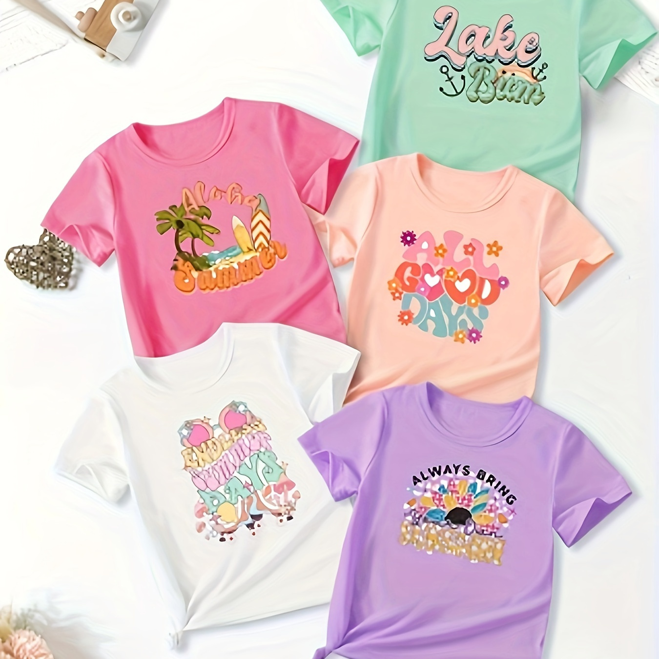 

5pcs Cute Cartoon Graphic Crew Neck Short Sleeve T-shirt Set For Girls Summer Gift Outdoor