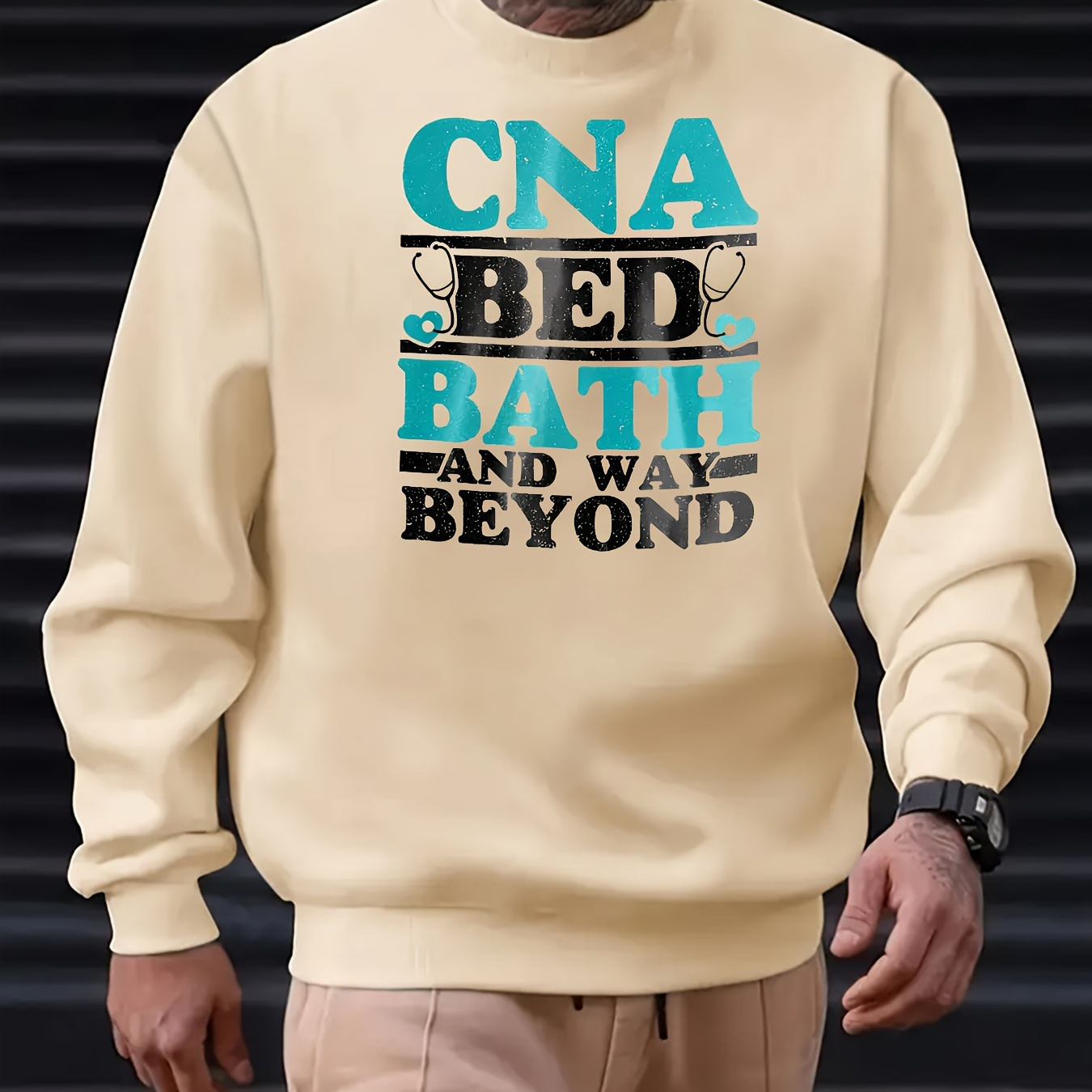 

Certified (cna) Themed Sweatshirt - 100% Polyester Crew Neck Pullover With " And Way Beyond" Print, Casual Style, Regular Fit, Knit Fabric With Slight Stretch, Alphabet Pattern Detail